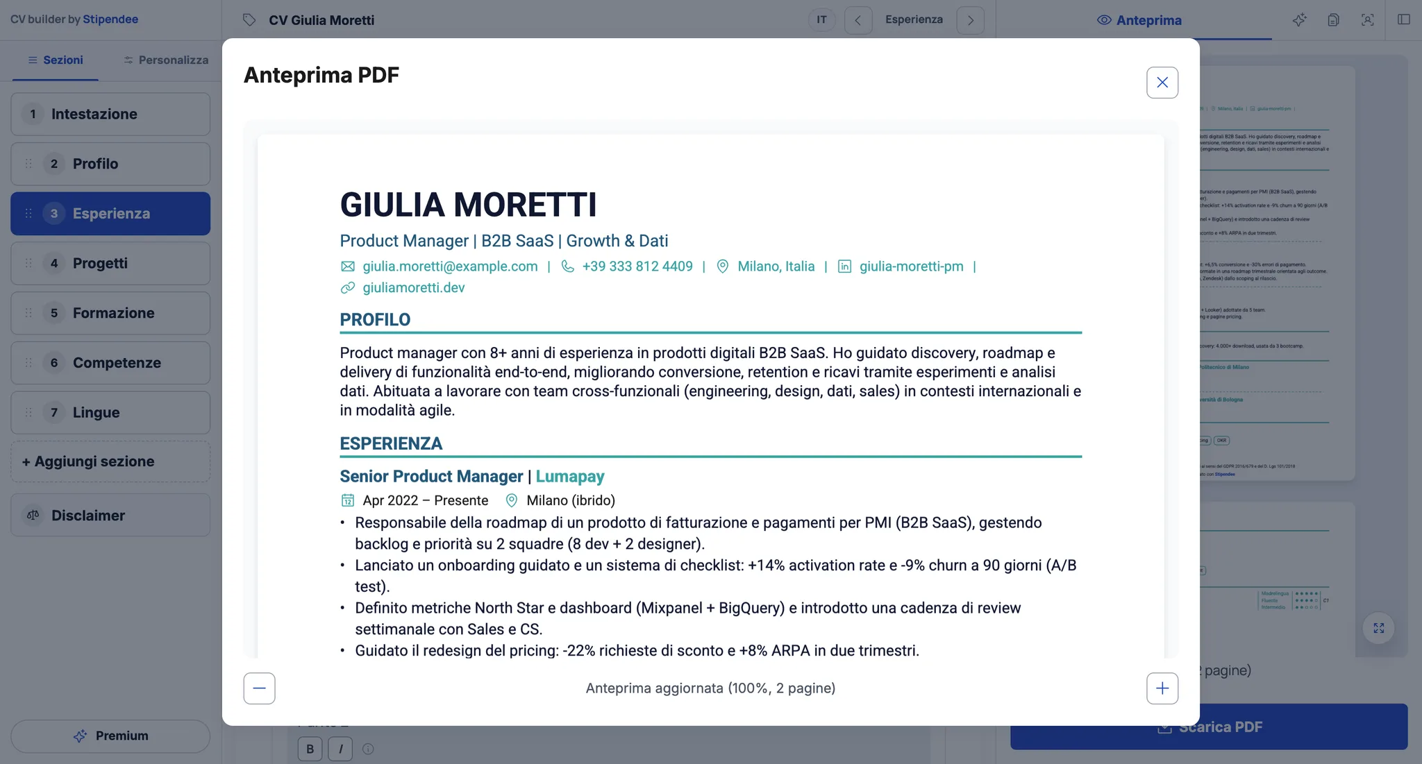 Modale anteprima PDF del curriculum creato con CV Builder