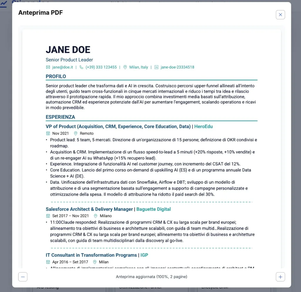Anteprima PDF del curriculum creato con CV Builder
