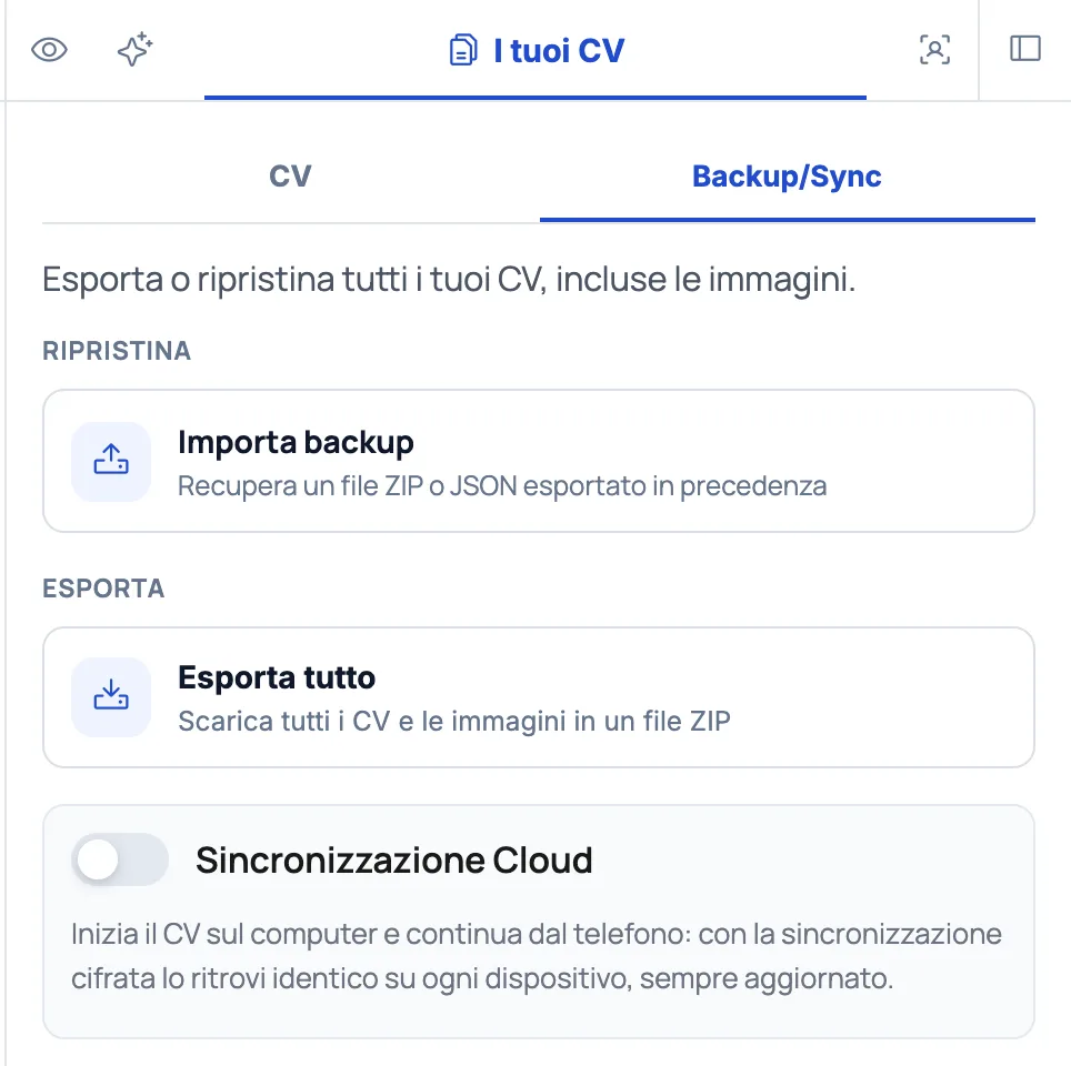 Pannello backup del CV Builder con importa backup ed esporta tutto in ZIP