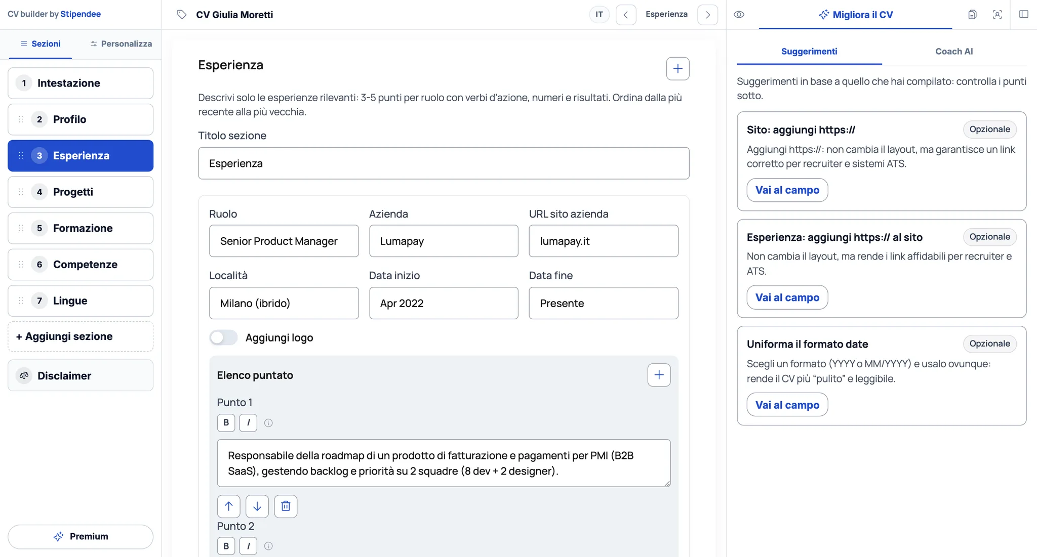 Editor CV Builder con sezione esperienze e pannello Migliora il CV con suggerimenti
