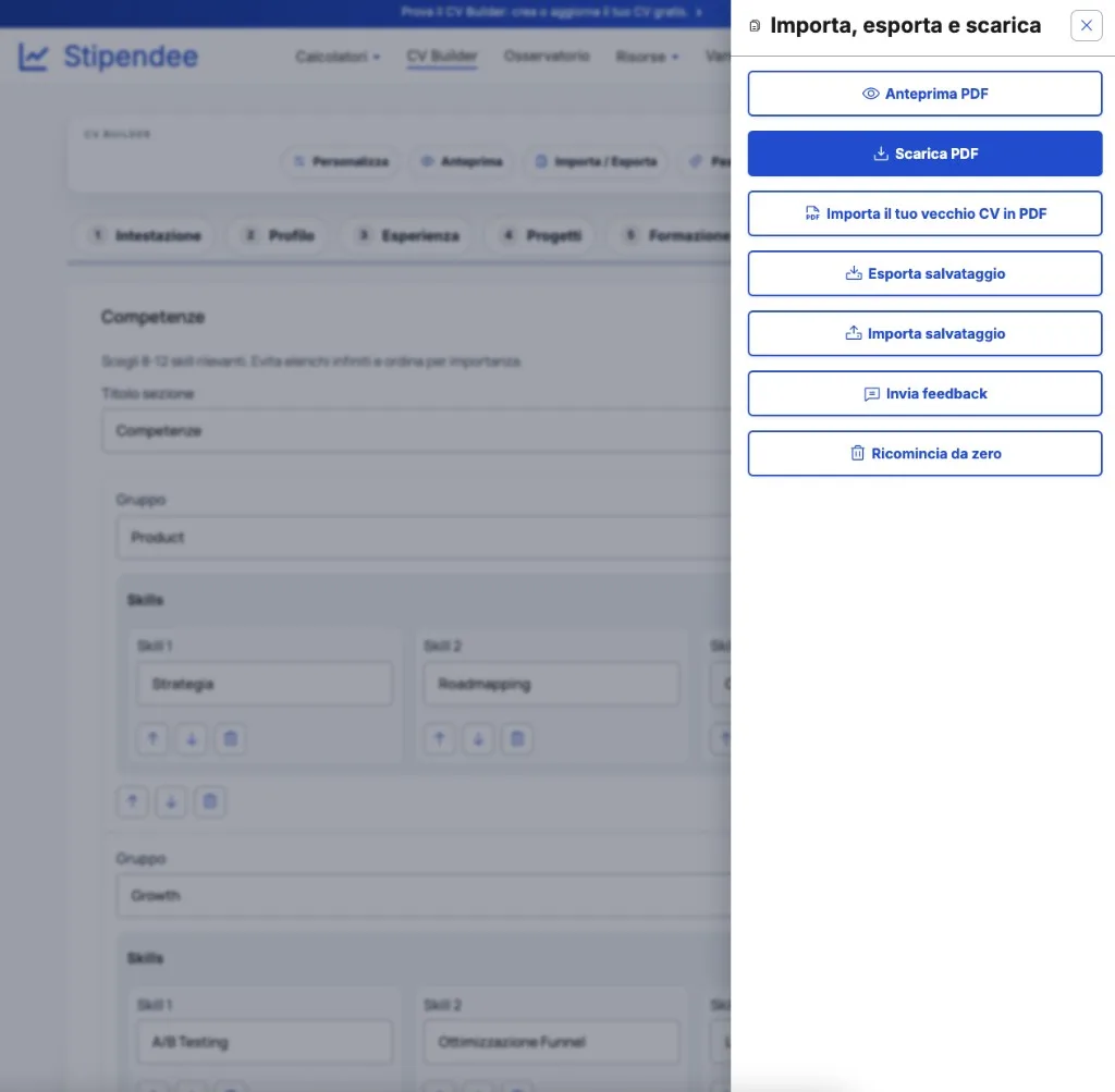 Pannello importa esporta del CV Builder con anteprima PDF e scarica PDF