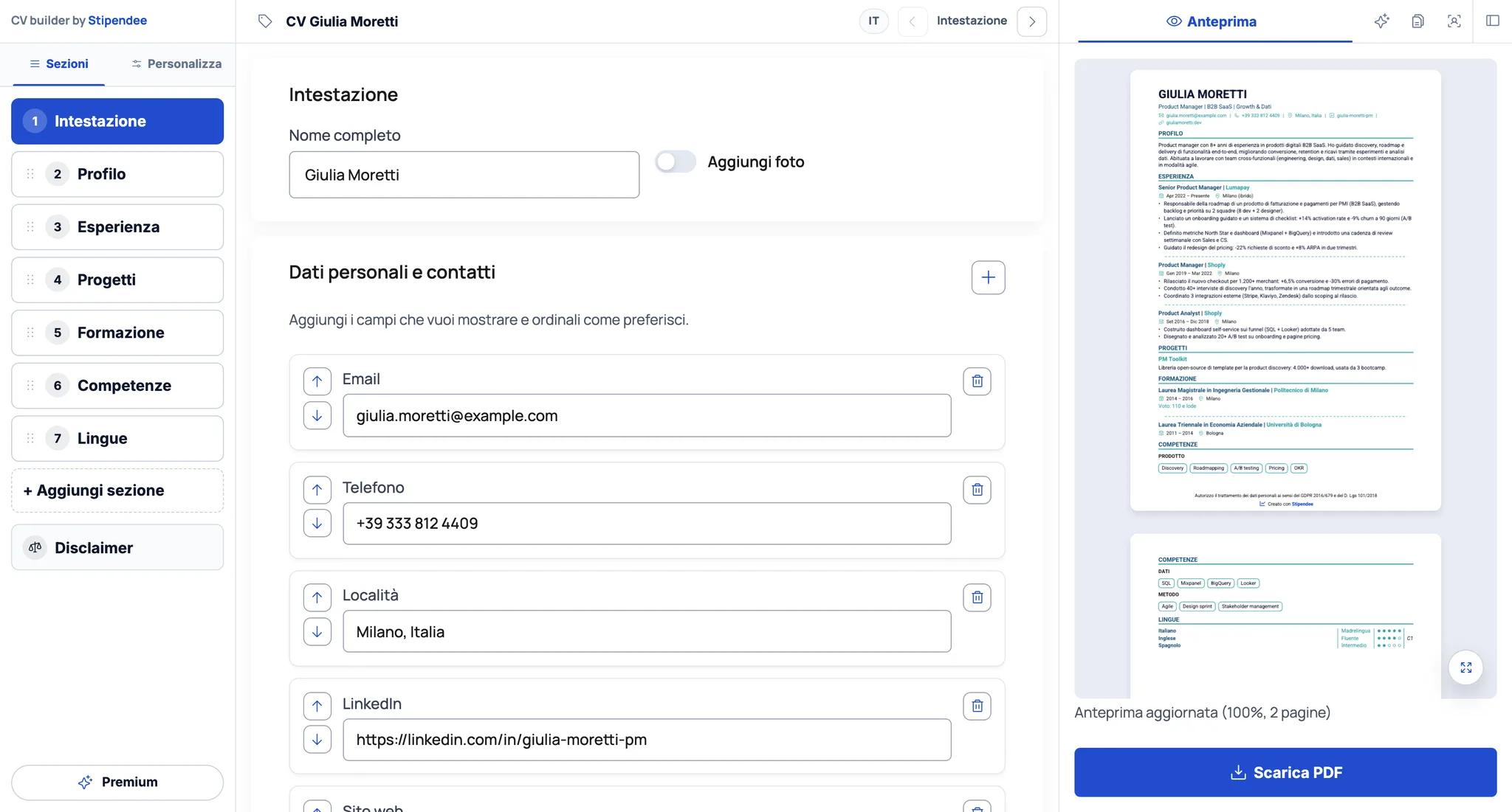 Editor CV Builder nella sezione intestazione con dati personali, contatti e anteprima live