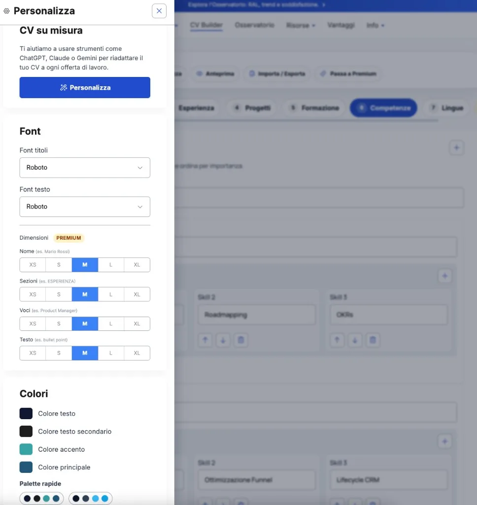 Pannello di personalizzazione del CV Builder con font, dimensioni e colori