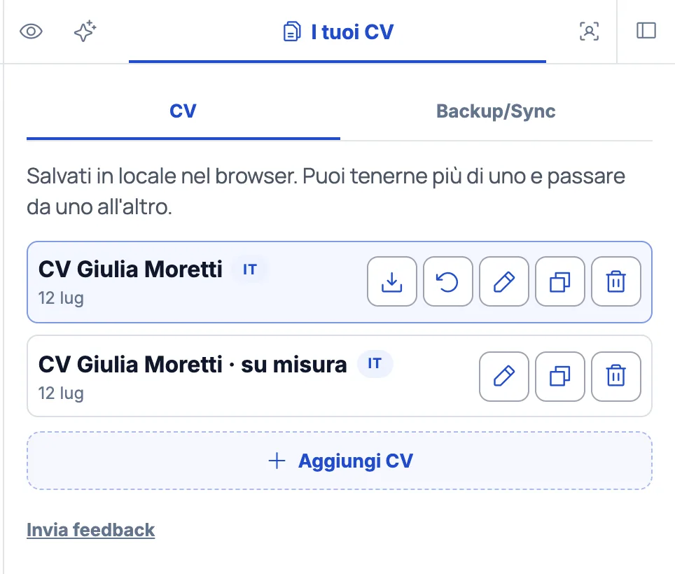 Pannello I tuoi CV del CV Builder con elenco dei curriculum salvati in locale