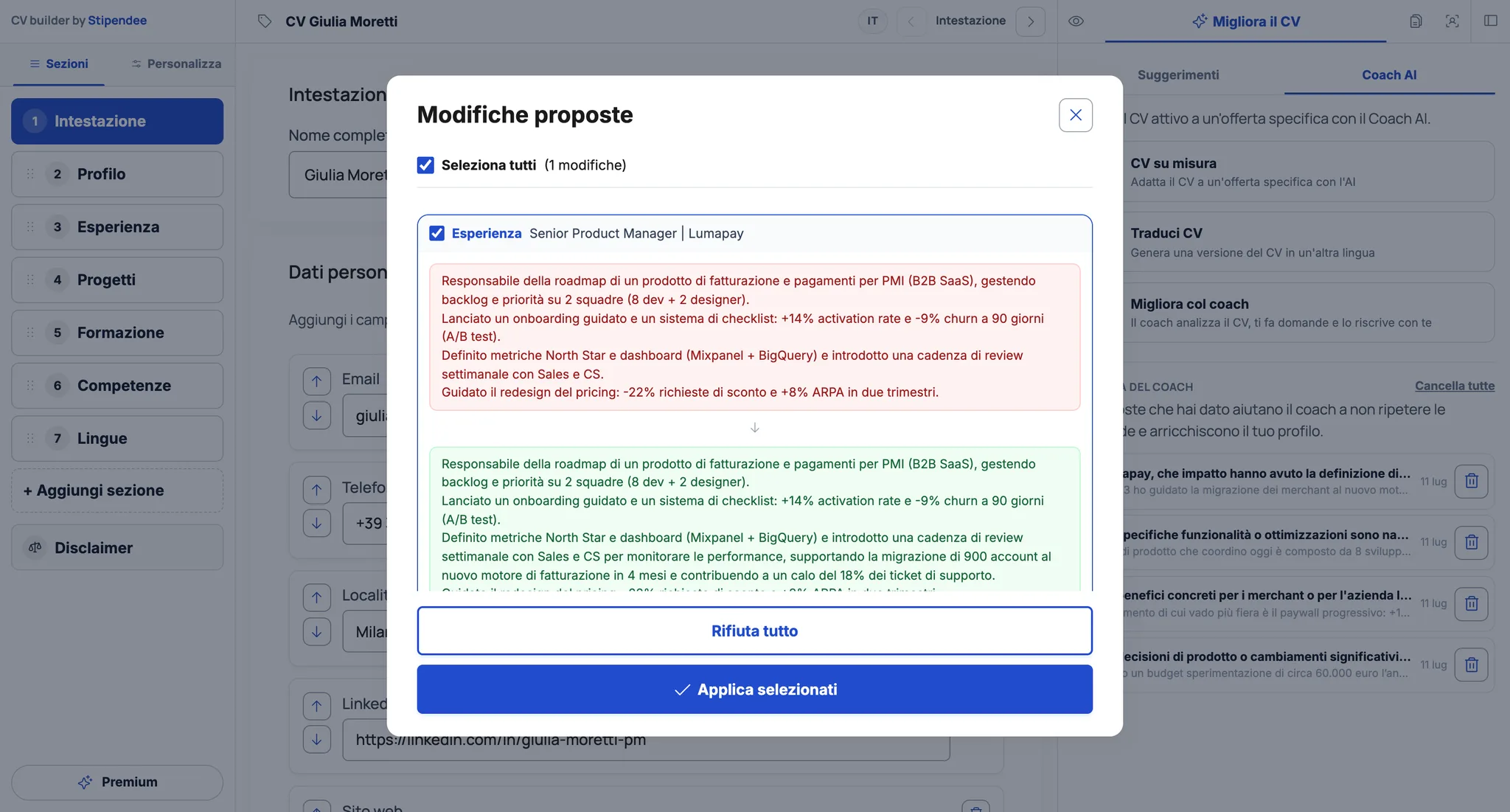 Anteprima delle modifiche del coach AI con confronto prima e dopo selezionabile