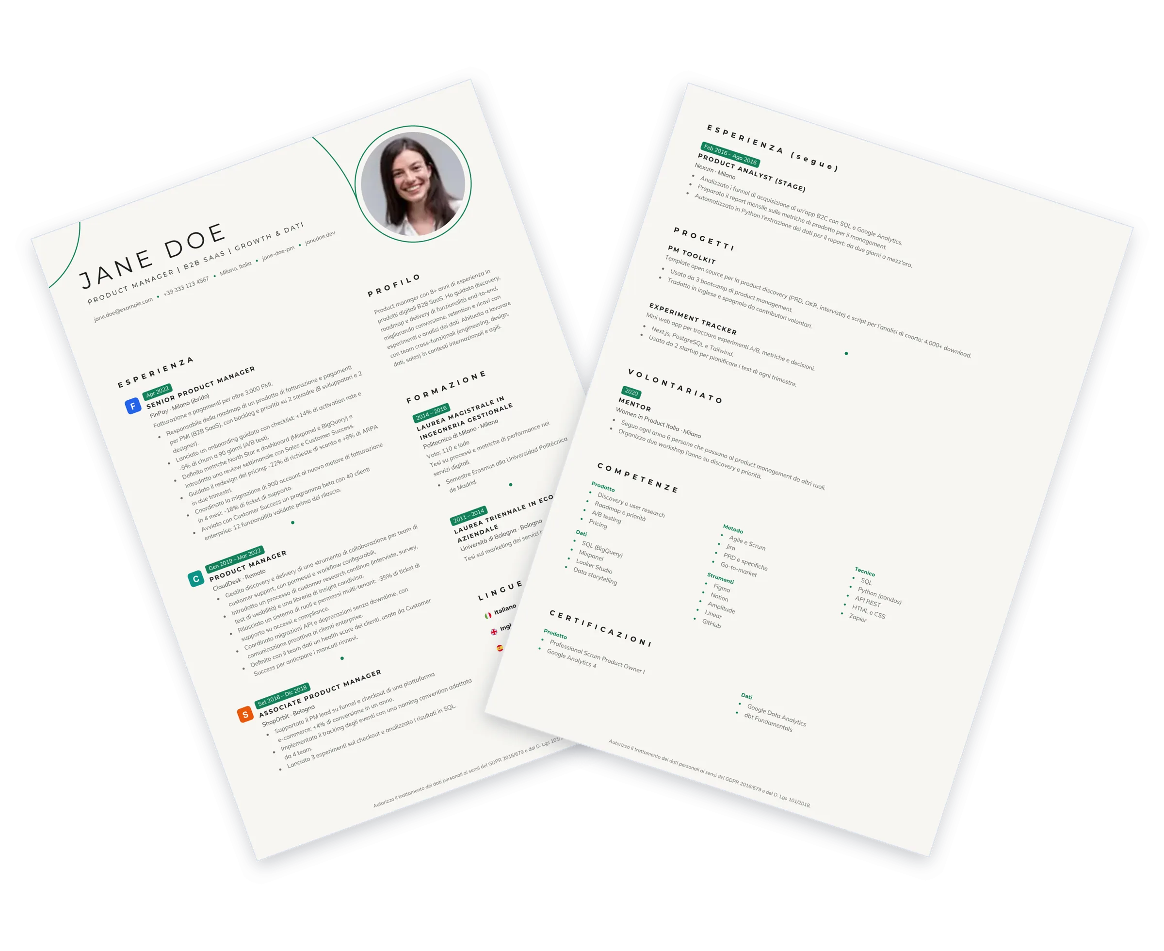 Curriculum di esempio con il modello Orbite: cerchi sottili verdi e lettere spaziate su carta chiara