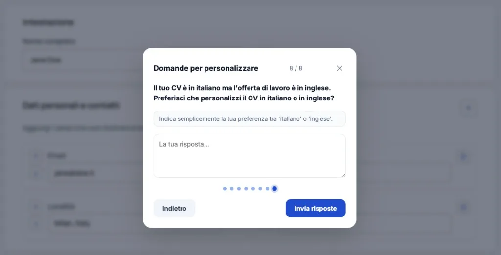 Ultima domanda del wizard CV su misura sulla lingua del curriculum