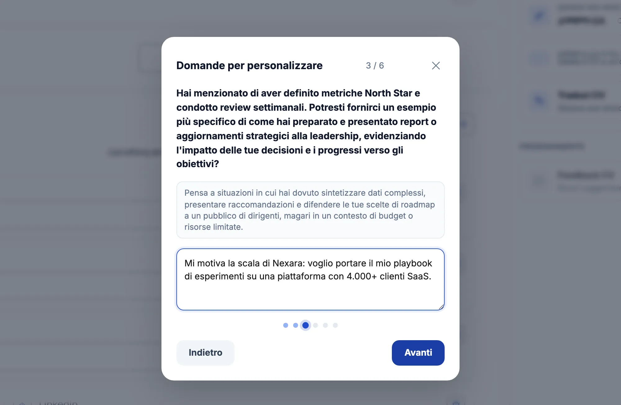 Domanda intermedia del wizard CV su misura con campo risposta attivo