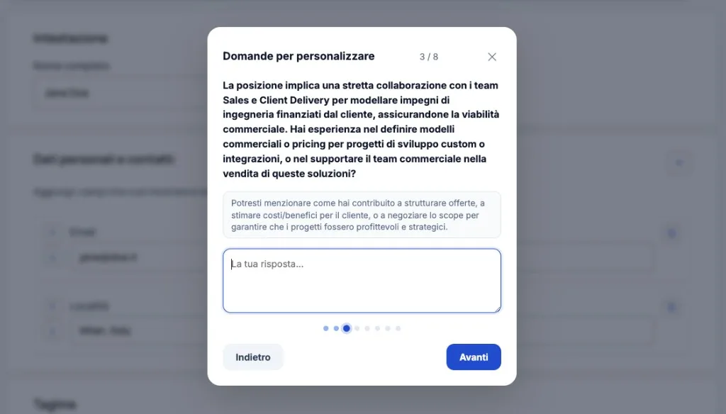 Domanda intermedia del wizard CV su misura con campo risposta attivo
