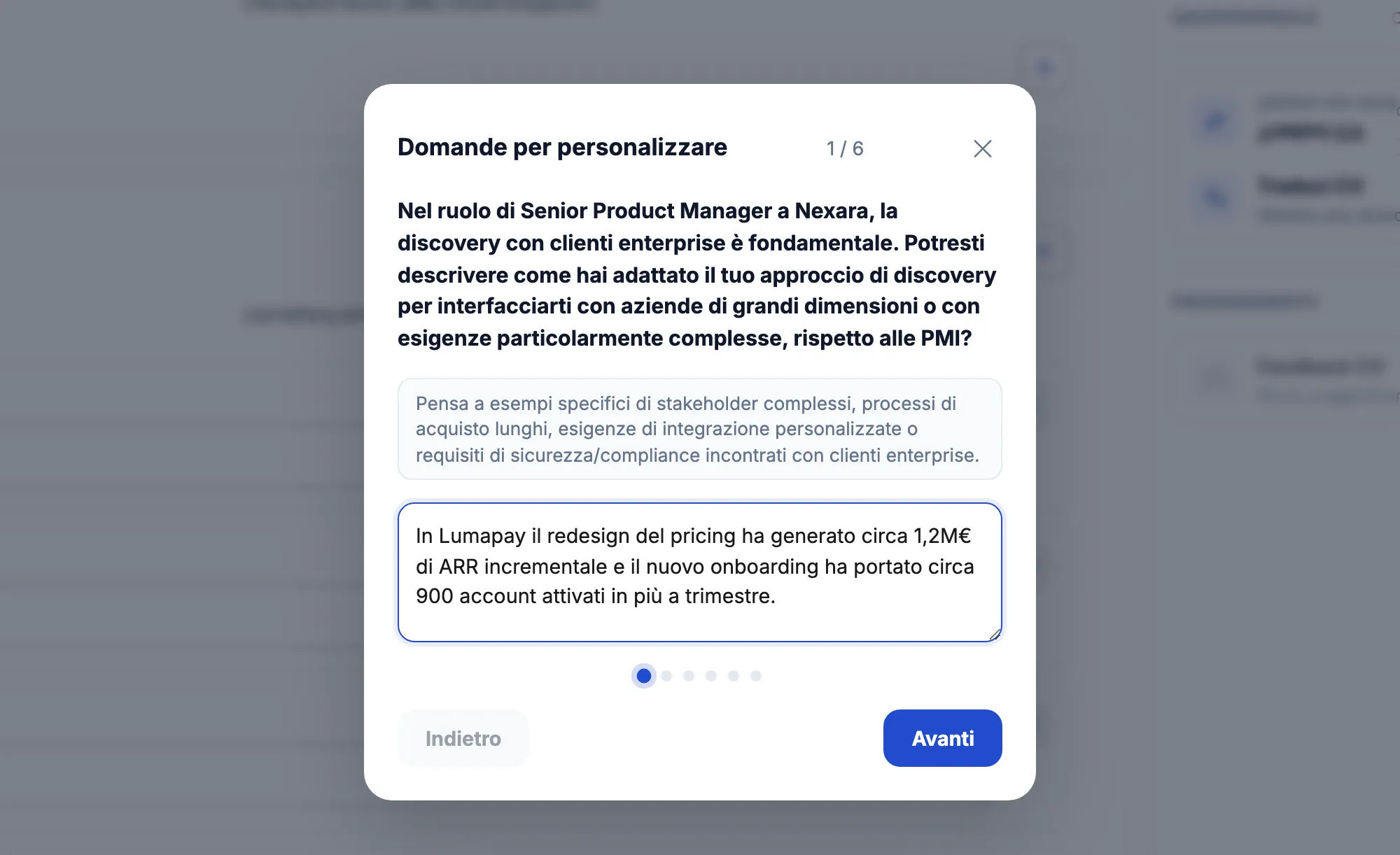 Domanda del wizard CV su misura con suggerimento e campo risposta