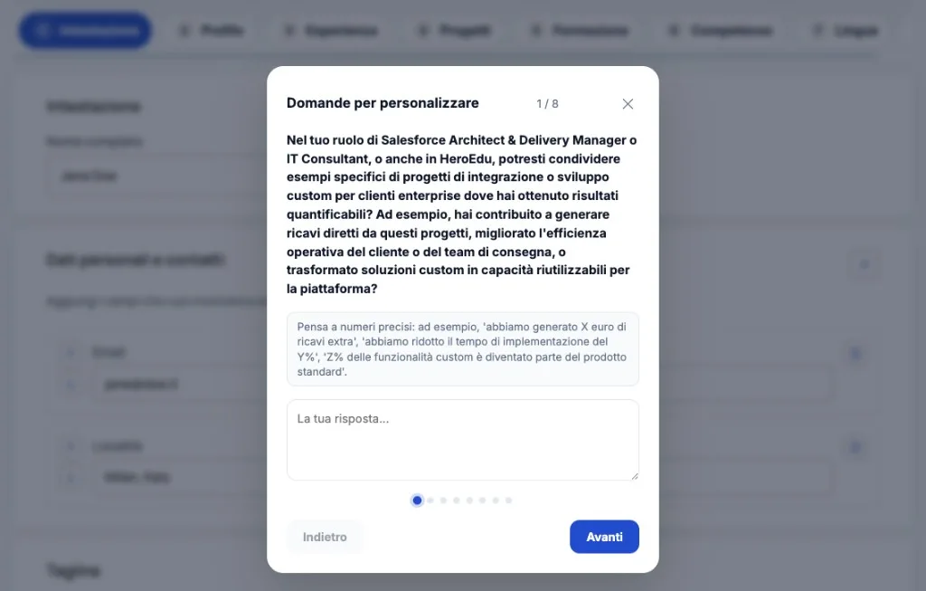 Domanda del wizard CV su misura con suggerimento e campo risposta