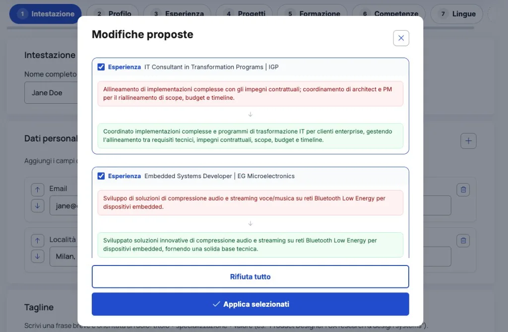 Modale modifiche proposte con esperienze lavorative riscritte per l'offerta
