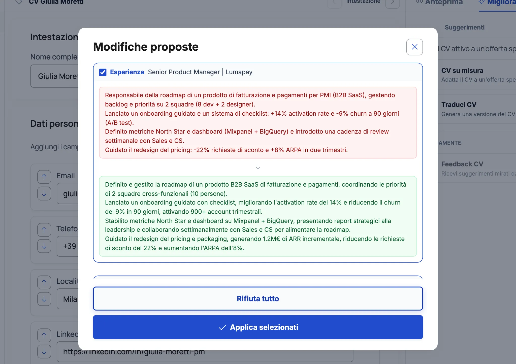 Modale modifiche proposte con esperienze lavorative riscritte per l'offerta