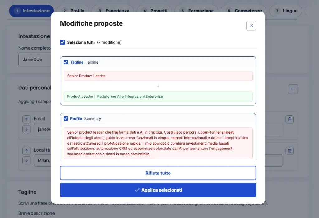 Modale modifiche proposte con confronto prima e dopo per tagline e profilo