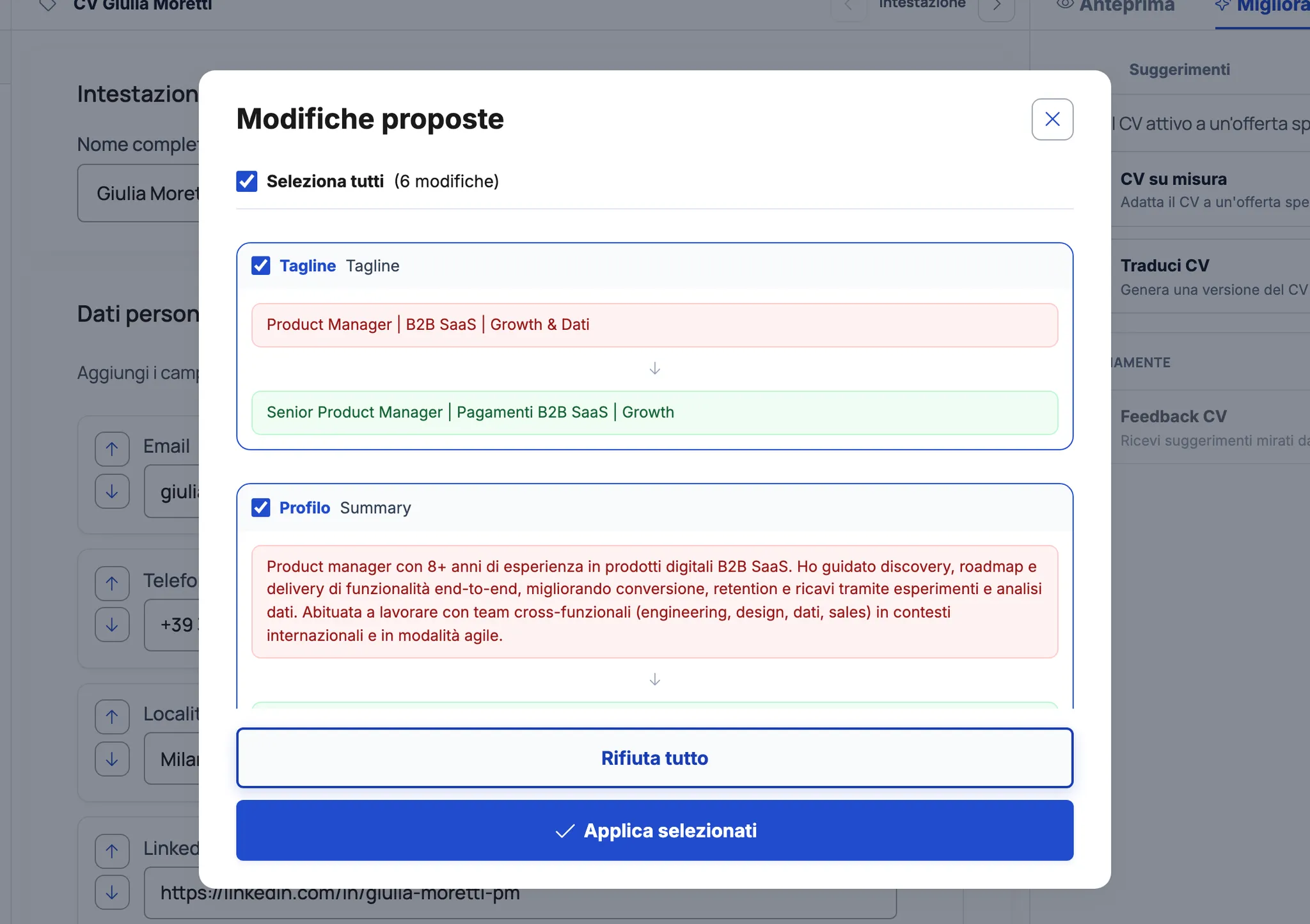 Modale modifiche proposte con confronto prima e dopo per tagline e profilo