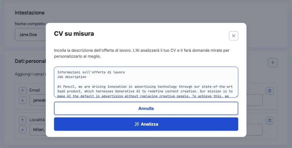 Modale CV su misura con campo per incollare la descrizione dell'offerta di lavoro