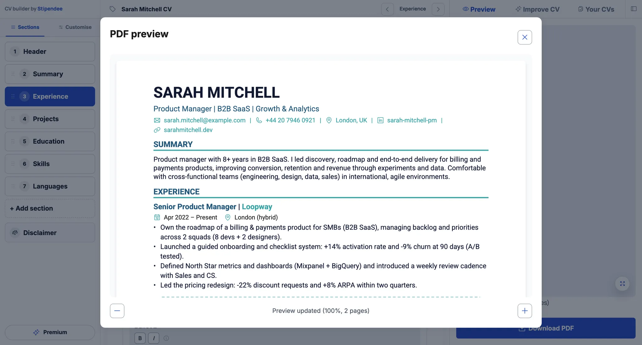 Full-screen PDF preview modal of a CV created with the CV Builder