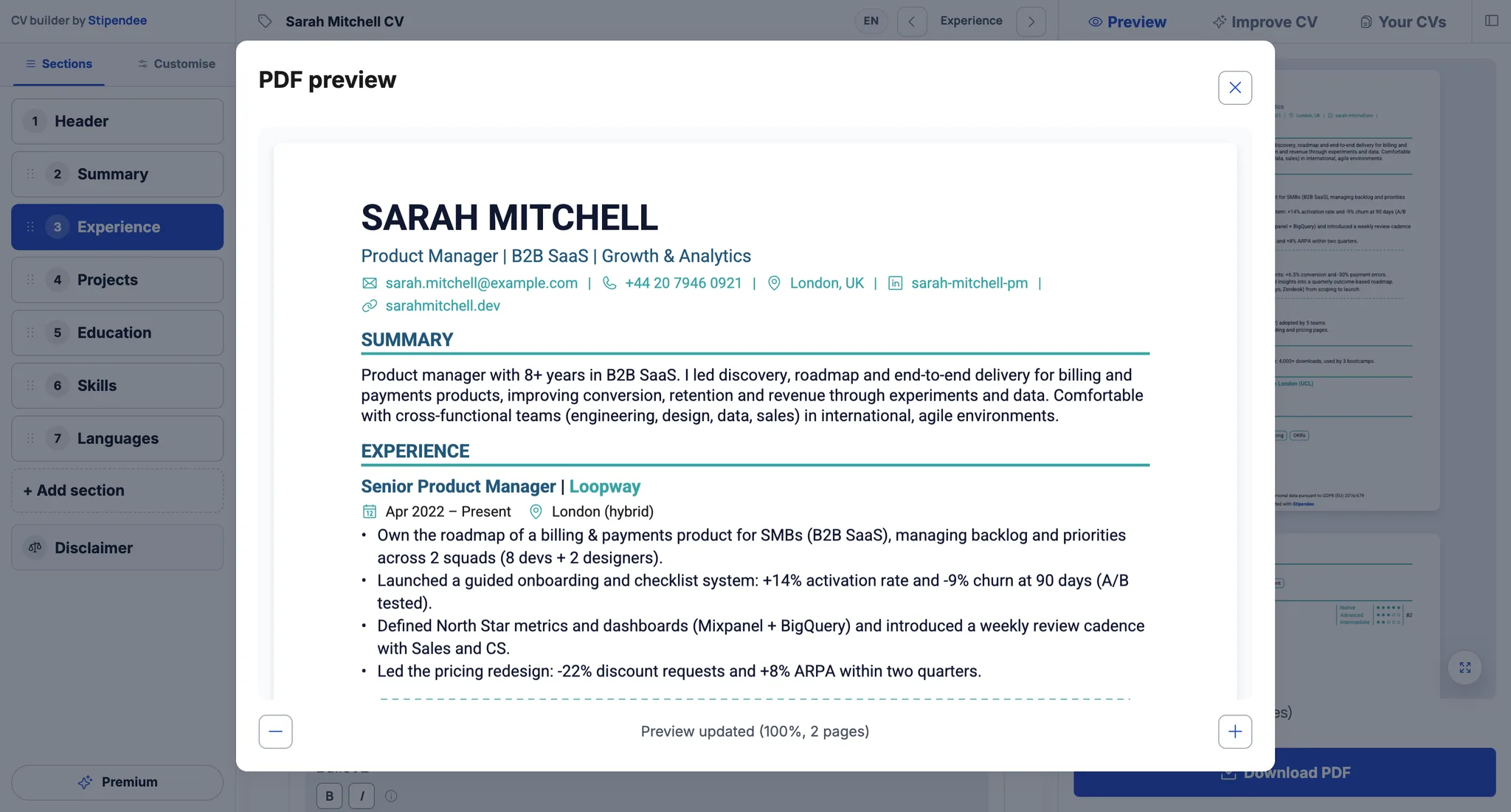 Full-screen PDF preview modal of a CV created with the CV Builder