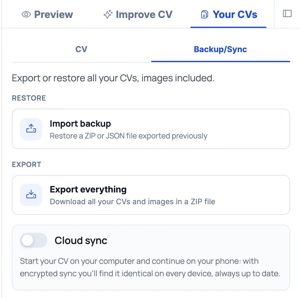 CV Builder backup panel with import backup and export everything as ZIP