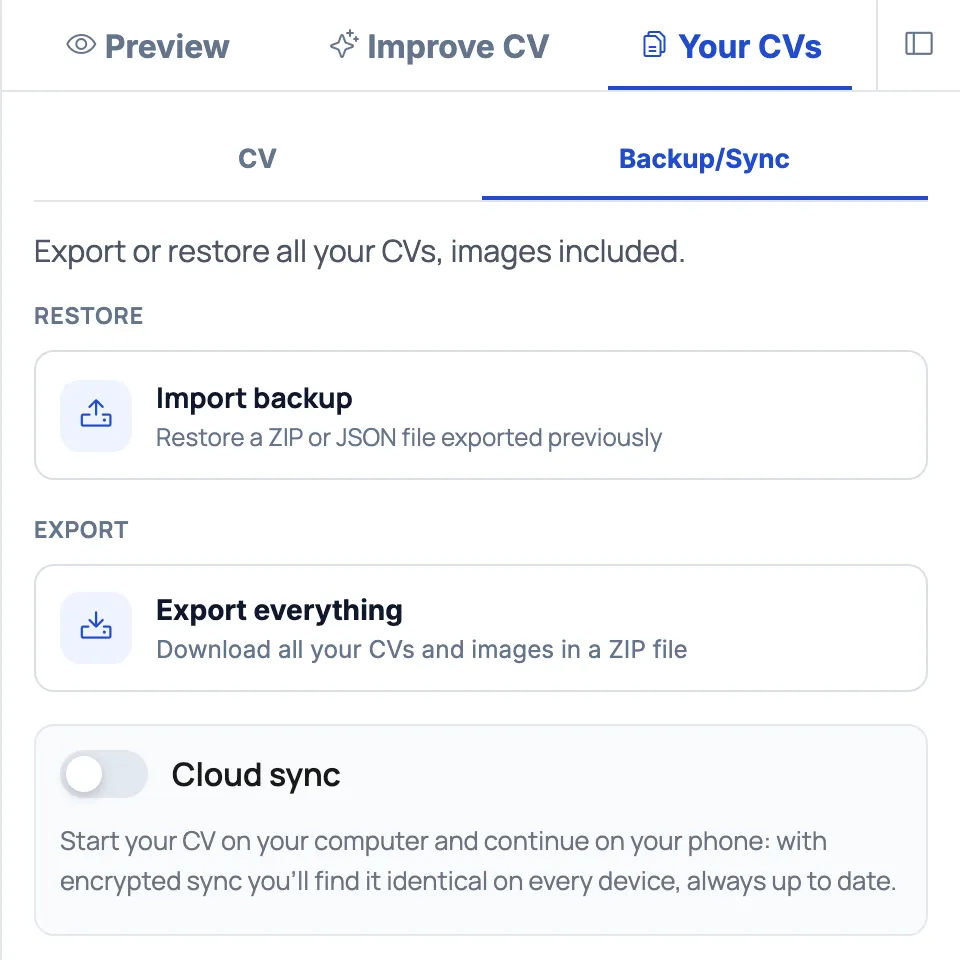 CV Builder backup panel with import backup and export everything as ZIP