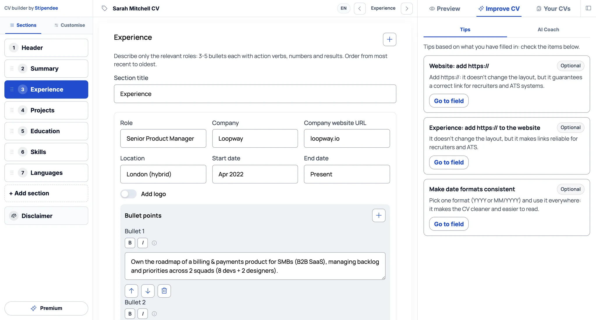 CV Builder editor with the experience section and a coaching panel with improvement tips