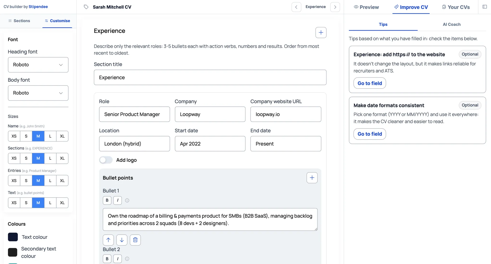 CV Builder editor with the experience section and a coaching panel with improvement tips
