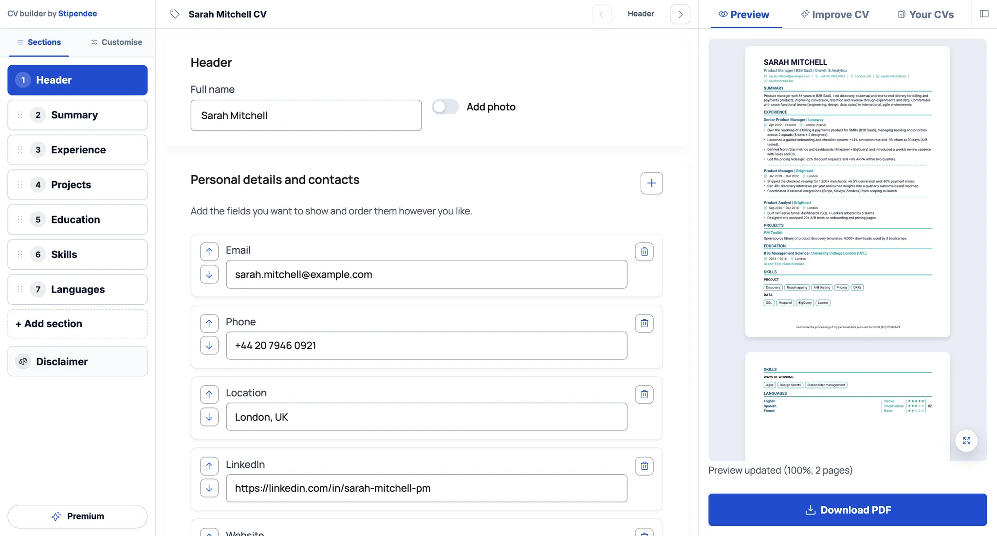 CV Builder editor on the header section with personal details, contacts and live preview