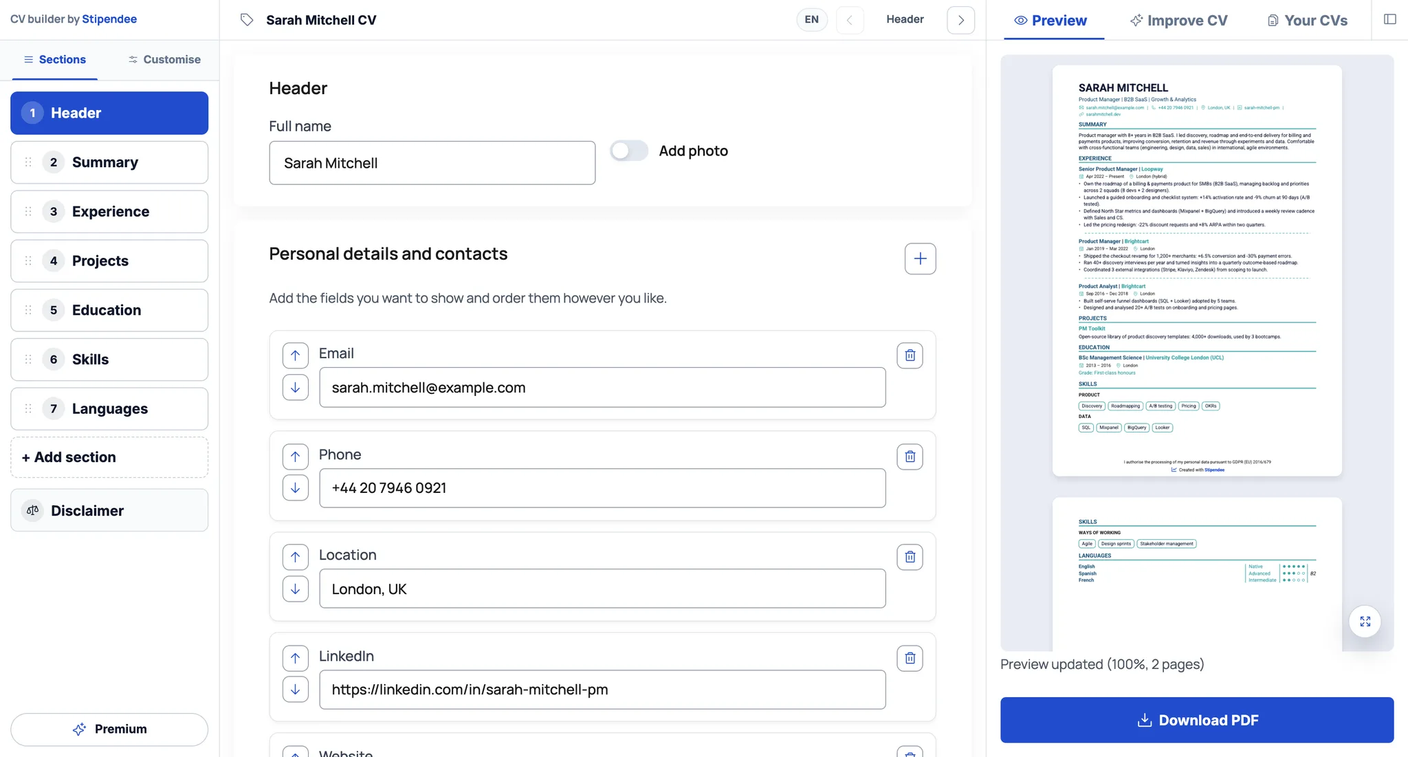 CV Builder editor on the header section with personal details, contacts and live preview
