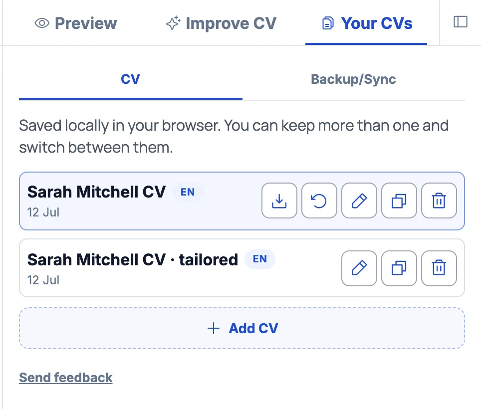 CV Builder workspace panel listing CVs saved locally