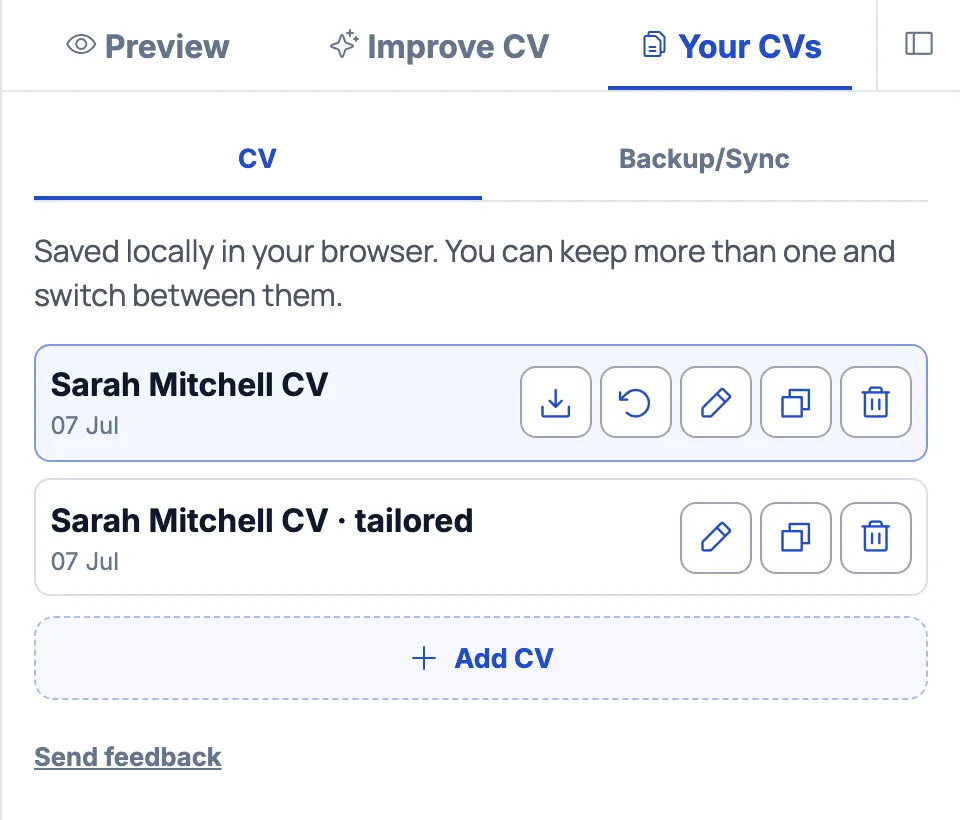 CV Builder workspace panel listing CVs saved locally