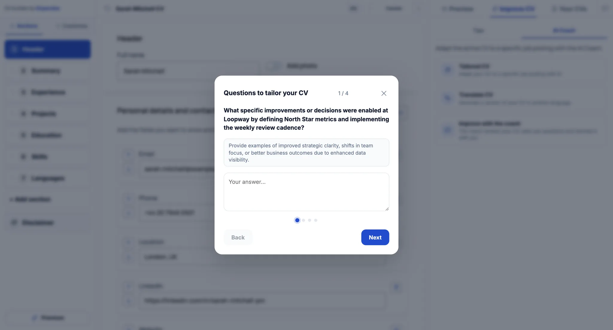 Targeted AI coach questions to gather numbers and results