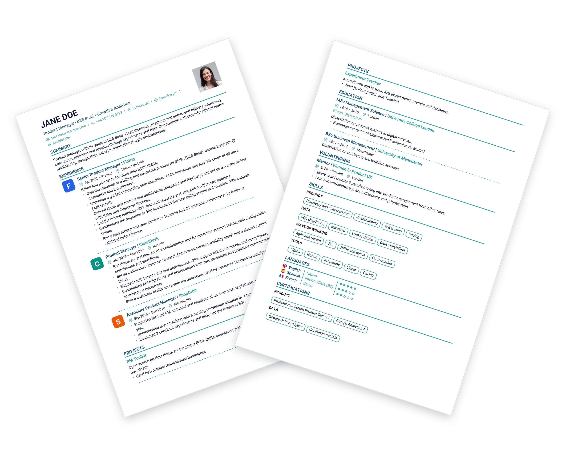 Sample CV with the Classic template: one column, photo and colored rules