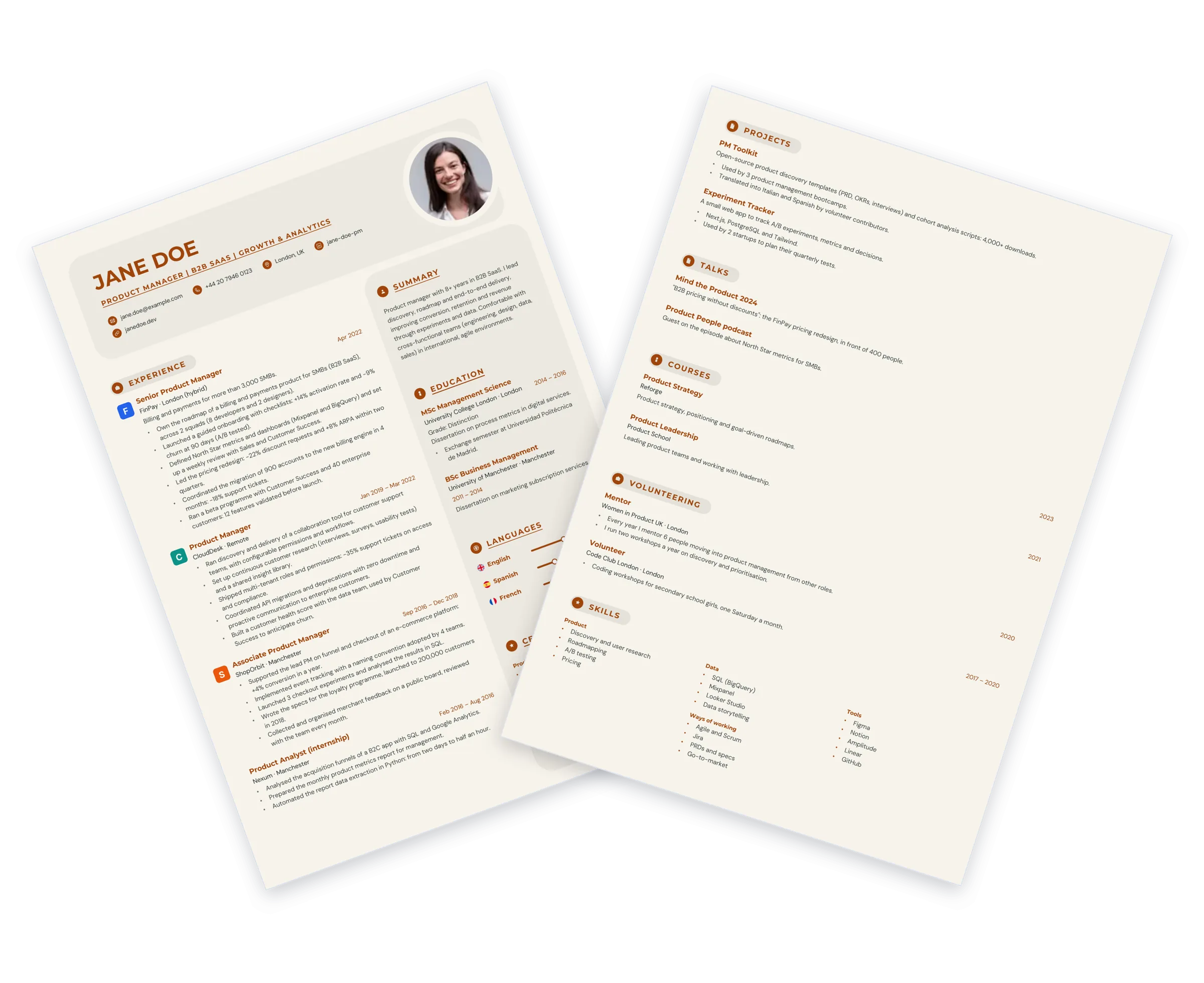 Sample CV with the Elegant template: ivory and orange tones, section titles in capsules with icons