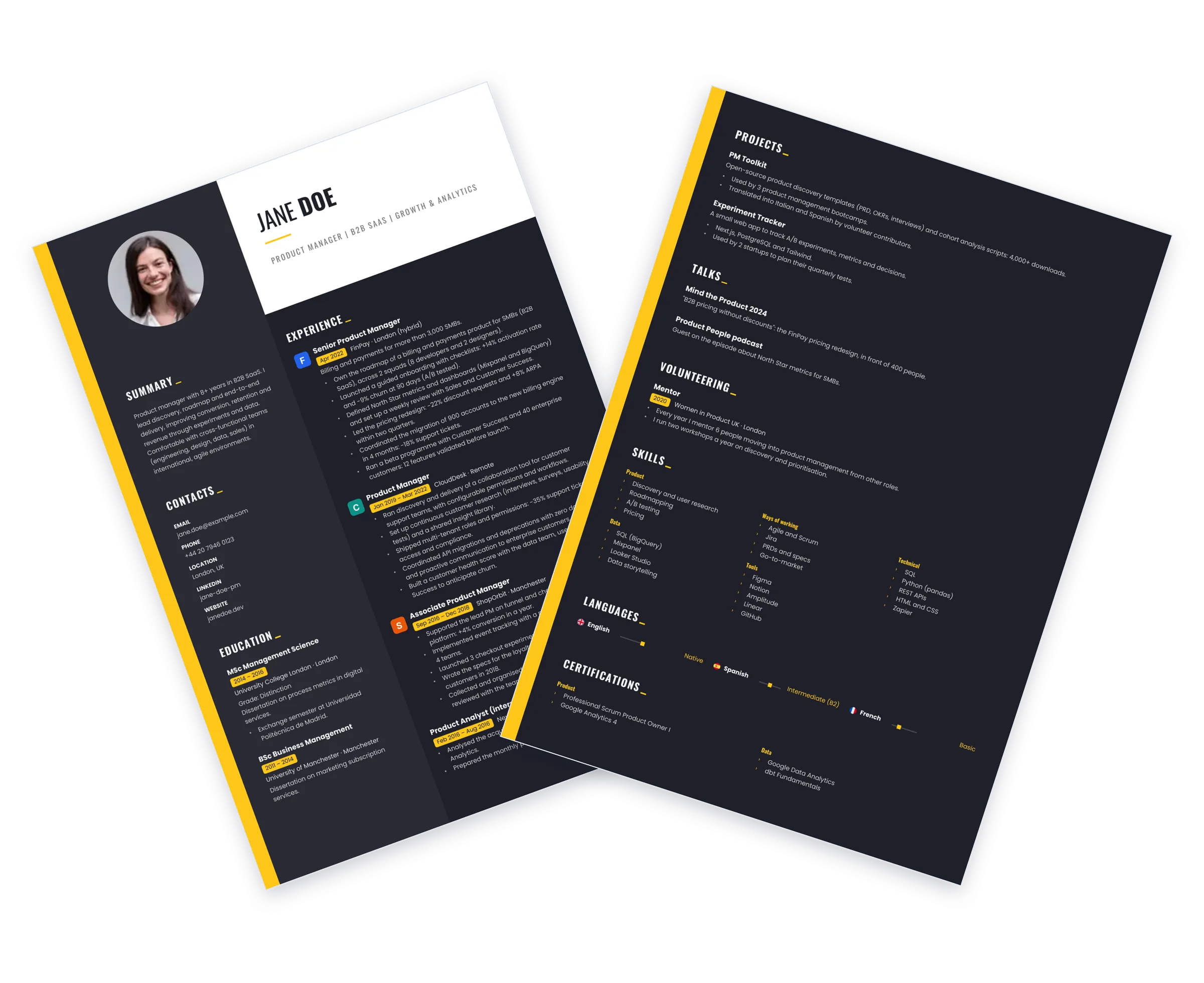 Sample CV with the Spotlight template: yellow stripe, light header and dark sidebar