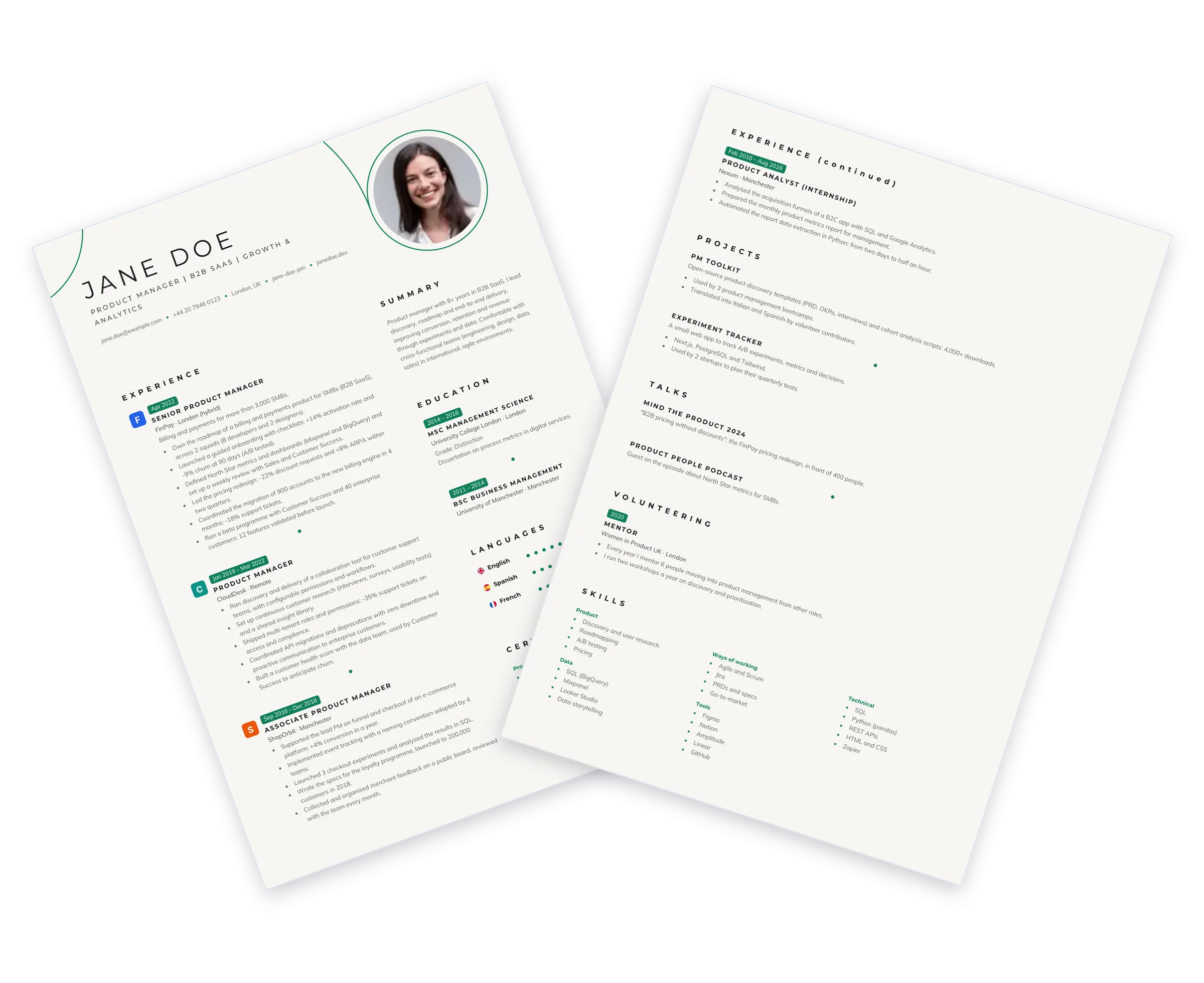 Sample CV with the Orbits template: thin green circles and spaced letters on light paper