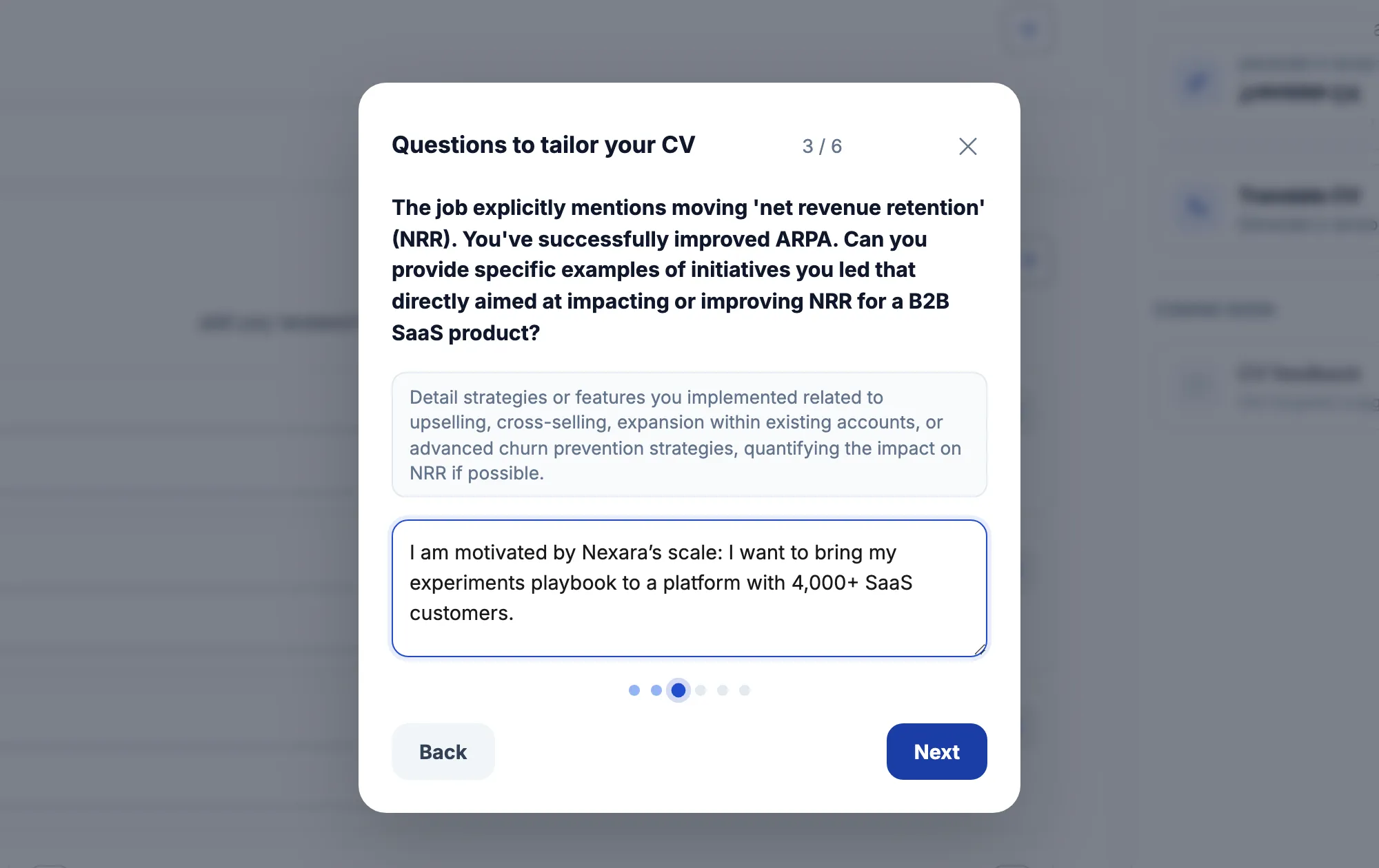 Mid-flow Tailored CV wizard question with an active answer field