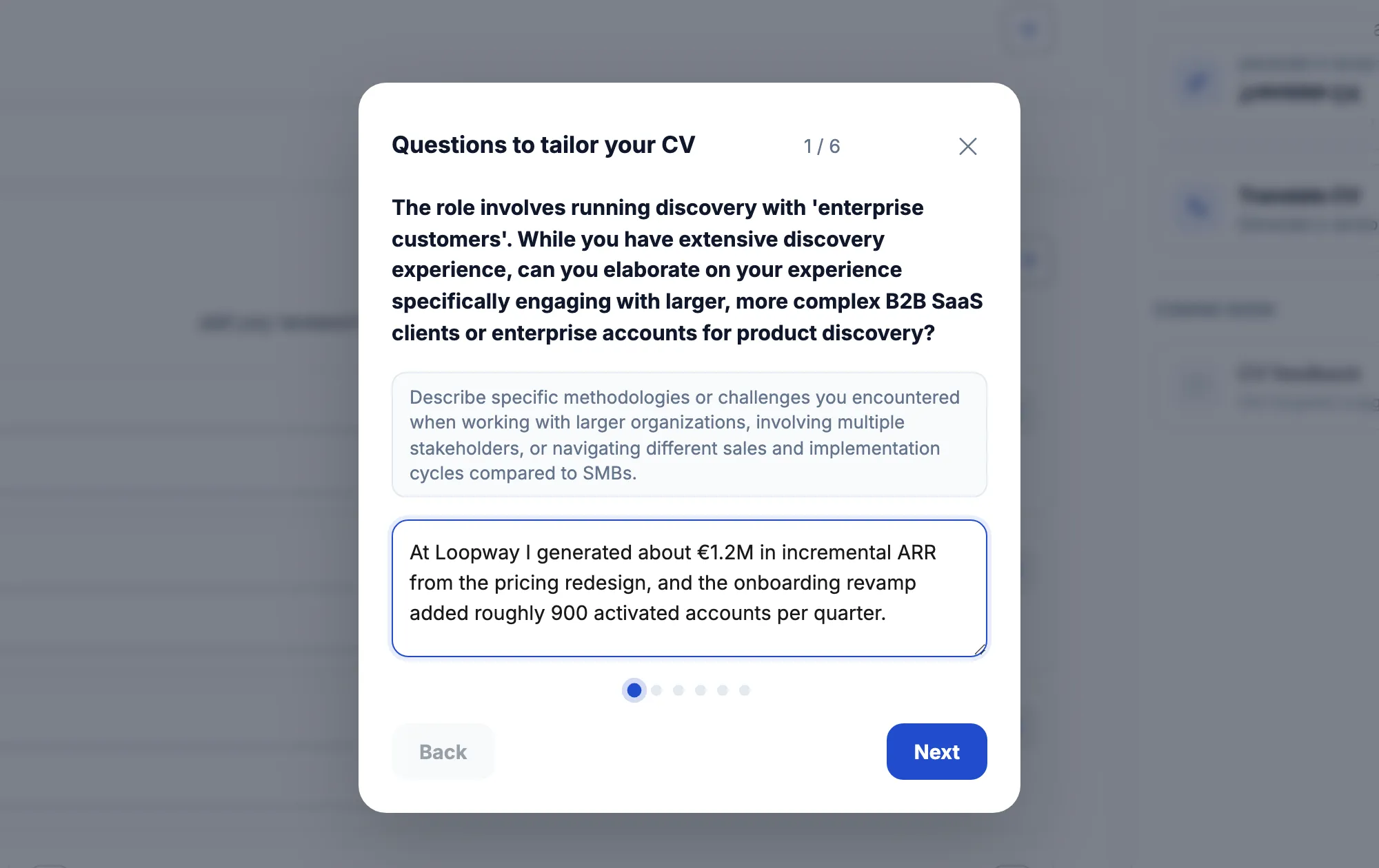 Tailored CV wizard question with a hint and answer field