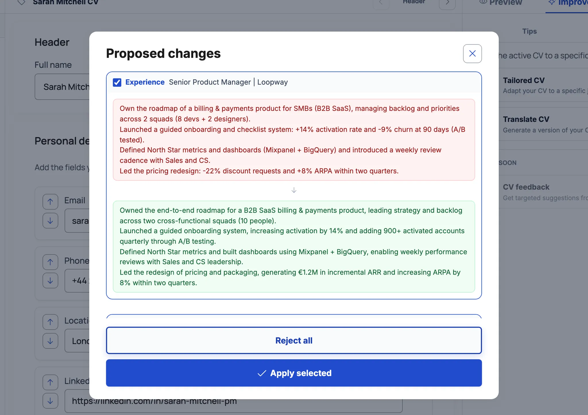 Suggested changes modal with work experience rewritten for the posting