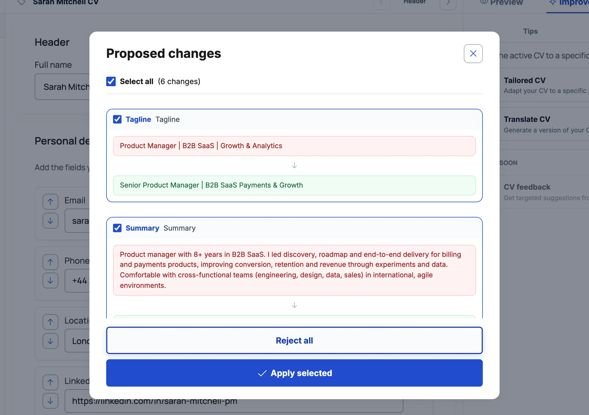 Suggested changes modal with before/after comparison for tagline and summary