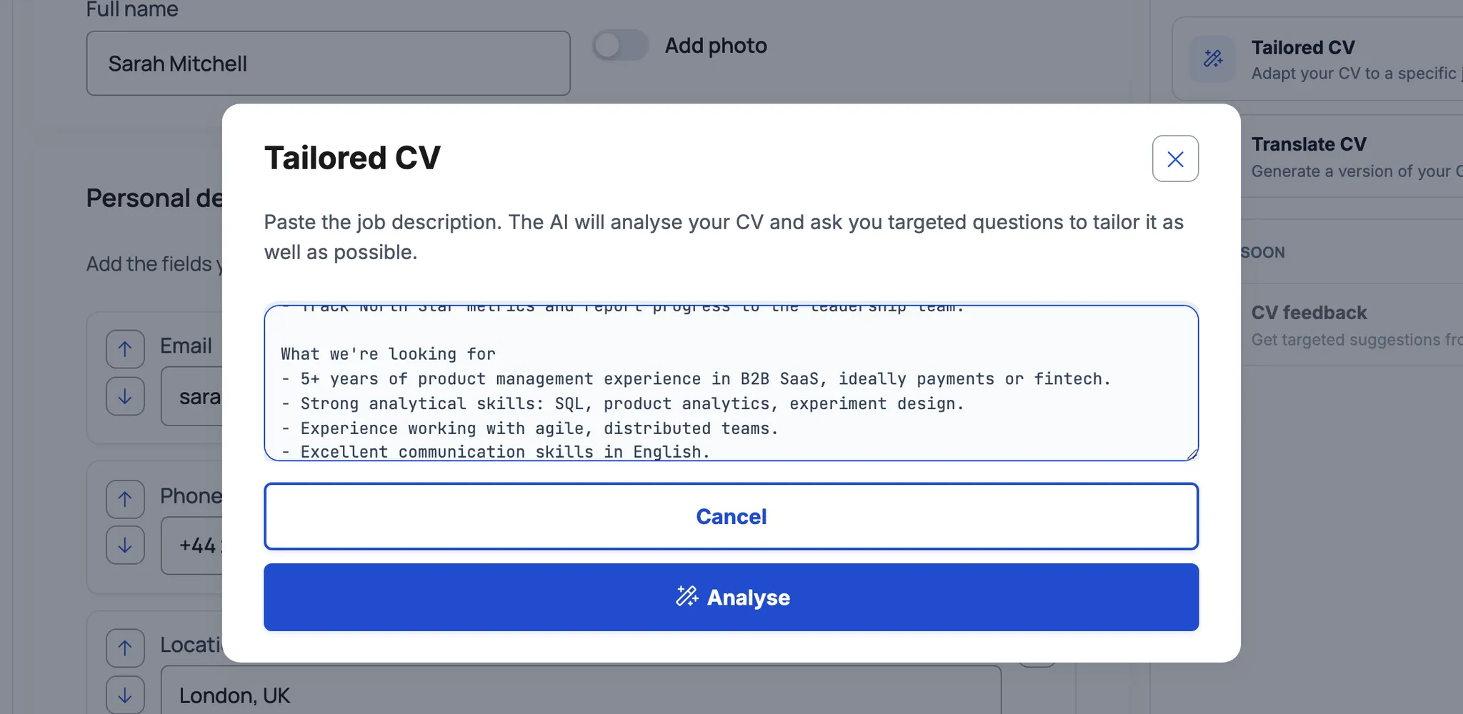 Tailored CV modal with a field to paste the job description